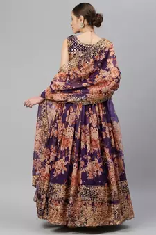Gorgeous Purple Zari And Sequins Embroidered Organza Semi Stitched Roses Printed Floral Lehenga