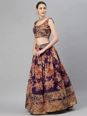 Gorgeous Purple Zari And Sequins Embroidered Organza Semi Stitched Roses Printed Floral Lehenga 3