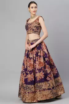 Gorgeous Purple Zari And Sequins Embroidered Organza Semi Stitched Roses Printed Floral Lehenga