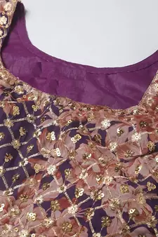 Gorgeous Purple Zari And Sequins Embroidered Organza Semi Stitched Roses Printed Floral Lehenga