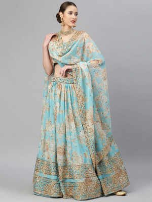 Stunning Sky Blue Organza Zari And Sequins Work Floral Wedding Lehenga Choli For Women 1