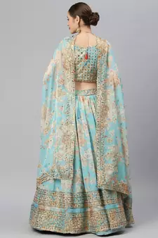 Stunning Sky Blue Organza Zari And Sequins Work Floral Wedding Lehenga Choli For Women