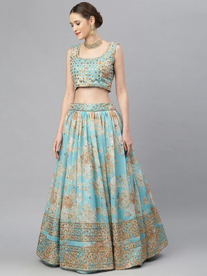 Stunning Sky Blue Organza Zari And Sequins Work Floral Wedding Lehenga Choli For Women 3
