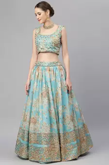 Stunning Sky Blue Organza Zari And Sequins Work Floral Wedding Lehenga Choli For Women