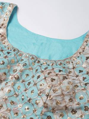 Stunning Sky Blue Organza Zari And Sequins Work Floral Wedding Lehenga Choli For Women 5