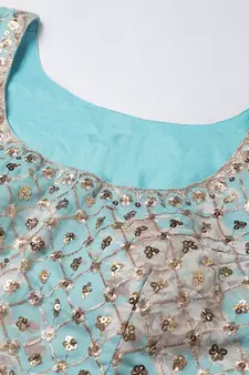 Stunning Sky Blue Organza Zari And Sequins Work Floral Wedding Lehenga Choli For Women