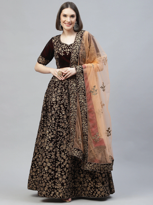 Engaging Maroon Zari, Sequins And Thread Embroidered Velvet Semi Stitched Dulhan Lehenga 1