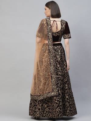 Engaging Maroon Zari, Sequins And Thread Embroidered Velvet Semi Stitched Dulhan Lehenga 2