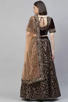 Engaging Maroon Zari, Sequins And Thread Embroidered Velvet Semi Stitched Dulhan Lehenga