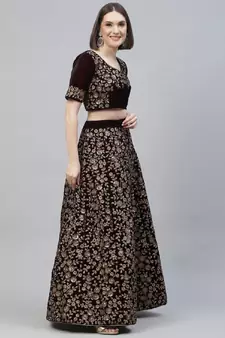 Engaging Maroon Zari, Sequins And Thread Embroidered Velvet Semi Stitched Dulhan Lehenga