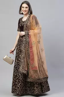 Engaging Maroon Zari, Sequins And Thread Embroidered Velvet Semi Stitched Dulhan Lehenga