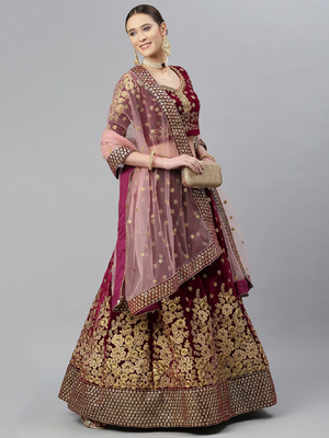 Engaging Purple Zari, Sequins And Thread Embroidered Velvet Semi Stitched Dulhan Lehenga 4