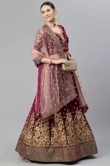 Engaging Purple Zari, Sequins And Thread Embroidered Velvet Semi Stitched Dulhan Lehenga