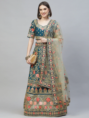 Glamorous Rama Blue Zari, Sequins And Thread Embroidered Slub Silk Semi Stitched Wedding Lehenga 1