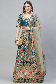 Glamorous Rama Blue Zari, Sequins And Thread Embroidered Slub Silk Semi Stitched Wedding Lehenga