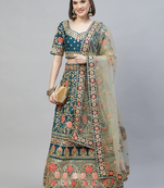 Glamorous Rama Blue Zari, Sequins And Thread Embroidered Slub Silk Semi Stitched Wedding Lehenga