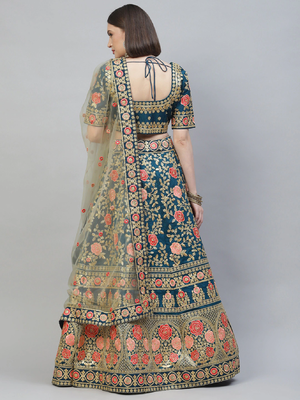 Glamorous Rama Blue Zari, Sequins And Thread Embroidered Slub Silk Semi Stitched Wedding Lehenga 2