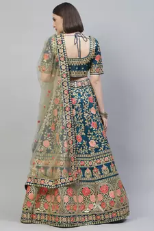 Glamorous Rama Blue Zari, Sequins And Thread Embroidered Slub Silk Semi Stitched Wedding Lehenga
