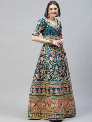Glamorous Rama Blue Zari, Sequins And Thread Embroidered Slub Silk Semi Stitched Wedding Lehenga 3