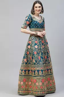 Glamorous Rama Blue Zari, Sequins And Thread Embroidered Slub Silk Semi Stitched Wedding Lehenga