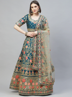 Glamorous Rama Blue Zari, Sequins And Thread Embroidered Slub Silk Semi Stitched Wedding Lehenga 4