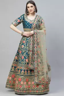 Glamorous Rama Blue Zari, Sequins And Thread Embroidered Slub Silk Semi Stitched Wedding Lehenga