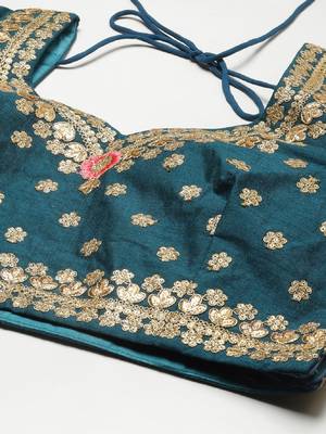 Glamorous Rama Blue Zari, Sequins And Thread Embroidered Slub Silk Semi Stitched Wedding Lehenga 5