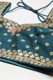 Glamorous Rama Blue Zari, Sequins And Thread Embroidered Slub Silk Semi Stitched Wedding Lehenga
