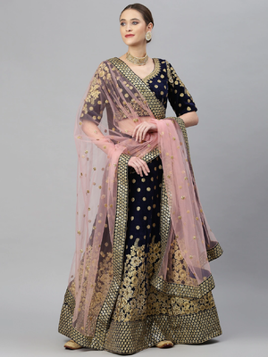 Mesmerizing Navy Blue Zari, Sequins And Thread Embroidered Velvet Semi Stitched Wedding Lehenga 1