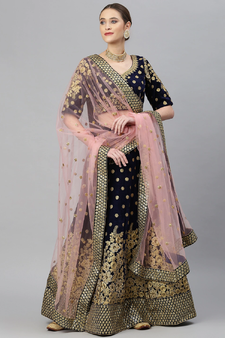 Mesmerizing Navy Blue Zari, Sequins And Thread Embroidered Velvet Semi Stitched Wedding Lehenga