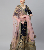 Mesmerizing Navy Blue Zari, Sequins And Thread Embroidered Velvet Semi Stitched Wedding Lehenga