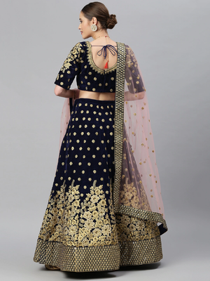 Mesmerizing Navy Blue Zari, Sequins And Thread Embroidered Velvet Semi Stitched Wedding Lehenga 2