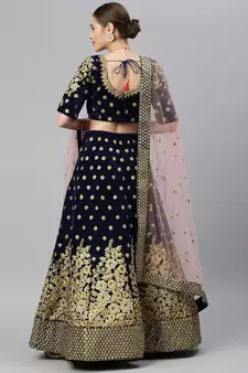 Mesmerizing Navy Blue Zari, Sequins And Thread Embroidered Velvet Semi Stitched Wedding Lehenga