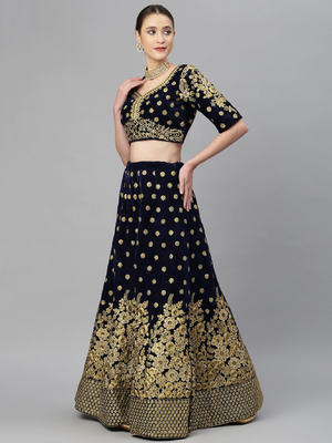 Mesmerizing Navy Blue Zari, Sequins And Thread Embroidered Velvet Semi Stitched Wedding Lehenga 3