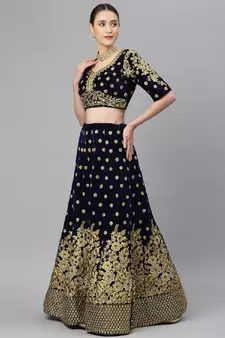 Mesmerizing Navy Blue Zari, Sequins And Thread Embroidered Velvet Semi Stitched Wedding Lehenga