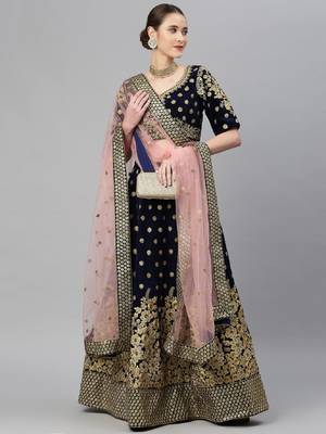 Mesmerizing Navy Blue Zari, Sequins And Thread Embroidered Velvet Semi Stitched Wedding Lehenga 4