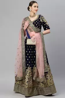 Mesmerizing Navy Blue Zari, Sequins And Thread Embroidered Velvet Semi Stitched Wedding Lehenga