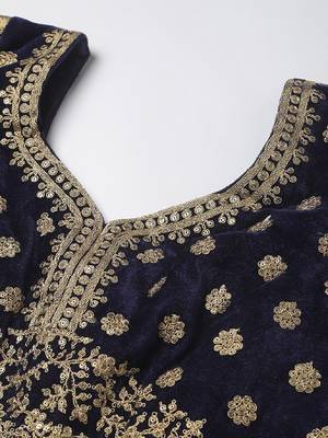 Mesmerizing Navy Blue Zari, Sequins And Thread Embroidered Velvet Semi Stitched Wedding Lehenga 5