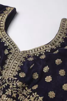 Mesmerizing Navy Blue Zari, Sequins And Thread Embroidered Velvet Semi Stitched Wedding Lehenga