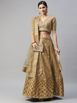 Prepossessing Brown Golden Sequins Work Art Silk Bridal Wedding Heavy Lehenga Choli With Dupatta 1