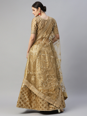 Prepossessing Brown Golden Sequins Work Art Silk Bridal Wedding Heavy Lehenga Choli With Dupatta 2