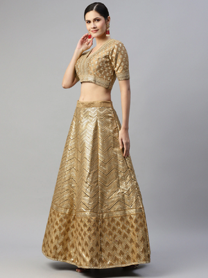 Prepossessing Brown Golden Sequins Work Art Silk Bridal Wedding Heavy Lehenga Choli With Dupatta 3
