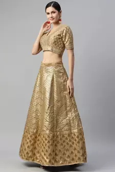Prepossessing Brown Golden Sequins Work Art Silk Bridal Wedding Heavy Lehenga Choli With Dupatta