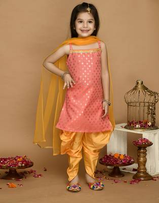 Peach Gold & Mustard Kurta Dhoti With Lace Work and Mesh Dupatta 1