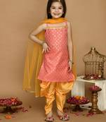 Peach Gold & Mustard Kurta Dhoti With Lace Work and Mesh Dupatta