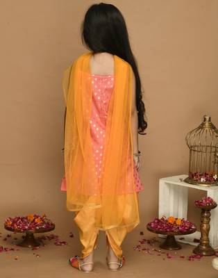 Peach Gold & Mustard Kurta Dhoti With Lace Work and Mesh Dupatta 2