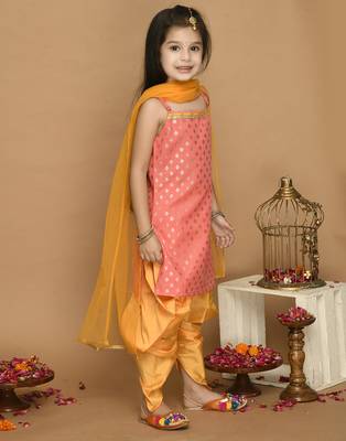 Peach Gold & Mustard Kurta Dhoti With Lace Work and Mesh Dupatta 5
