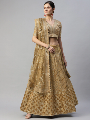 Prepossessing Brown Golden Sequins Work Art Silk Bridal Wedding Heavy Lehenga Choli With Dupatta 4
