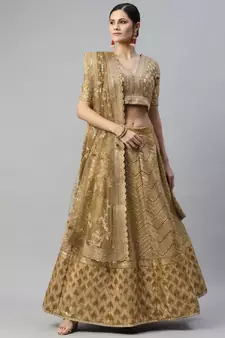 Prepossessing Brown Golden Sequins Work Art Silk Bridal Wedding Heavy Lehenga Choli With Dupatta