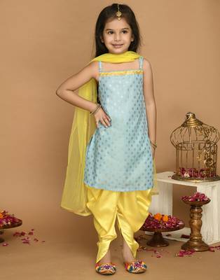 Sky Blue & Yellow Kurta Dhoti With Lace Work and Mesh Dupatta 1